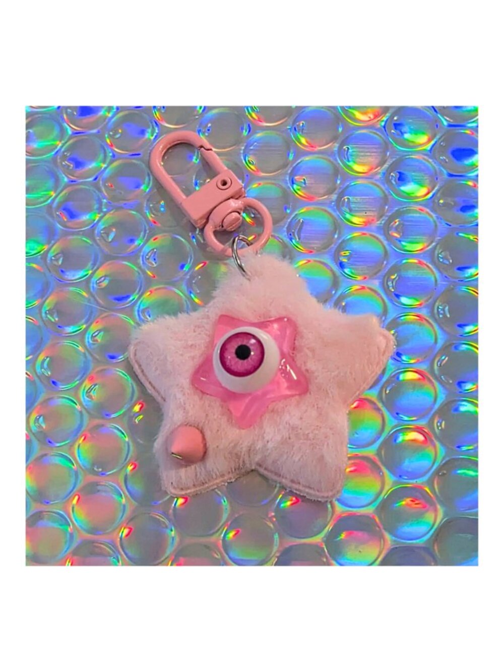 Handmade OAK Weirdcore Pastel Goth Spiked Fur Star Doll Eyeball Keychain Oddity